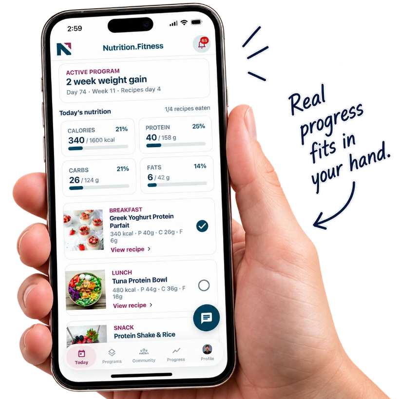 A hand holding a phone with the Nutrition.Fitness app — today’s nutrition, meals, and progress. Real progress fits in your hand.