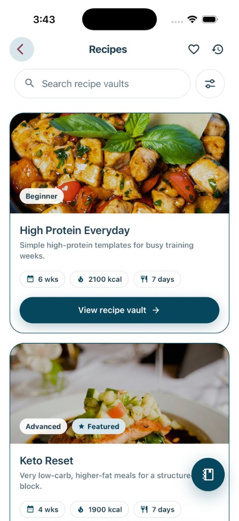 Nutrition.Fitness Recipes screen — recipe vaults and meal plans
