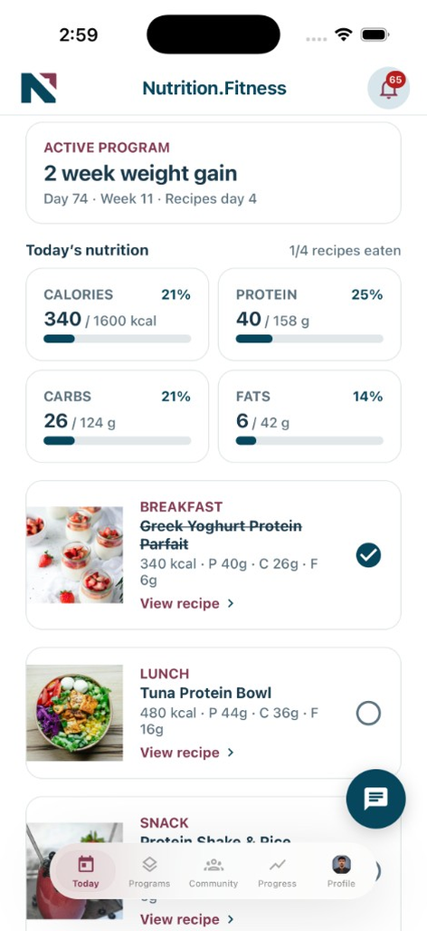 Nutrition.Fitness Today screen — daily nutrition tracking and meals