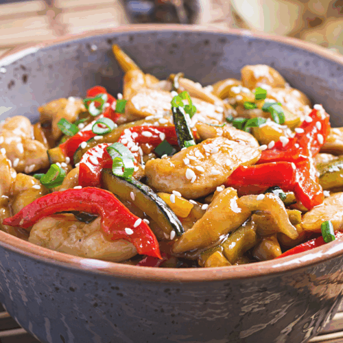 Colourful honey chicken stir fry featuring tender chicken bites, crisp vegetables, and a glossy honey-soy glaze, served in a vibrant bowl and garnished with sesame seeds.