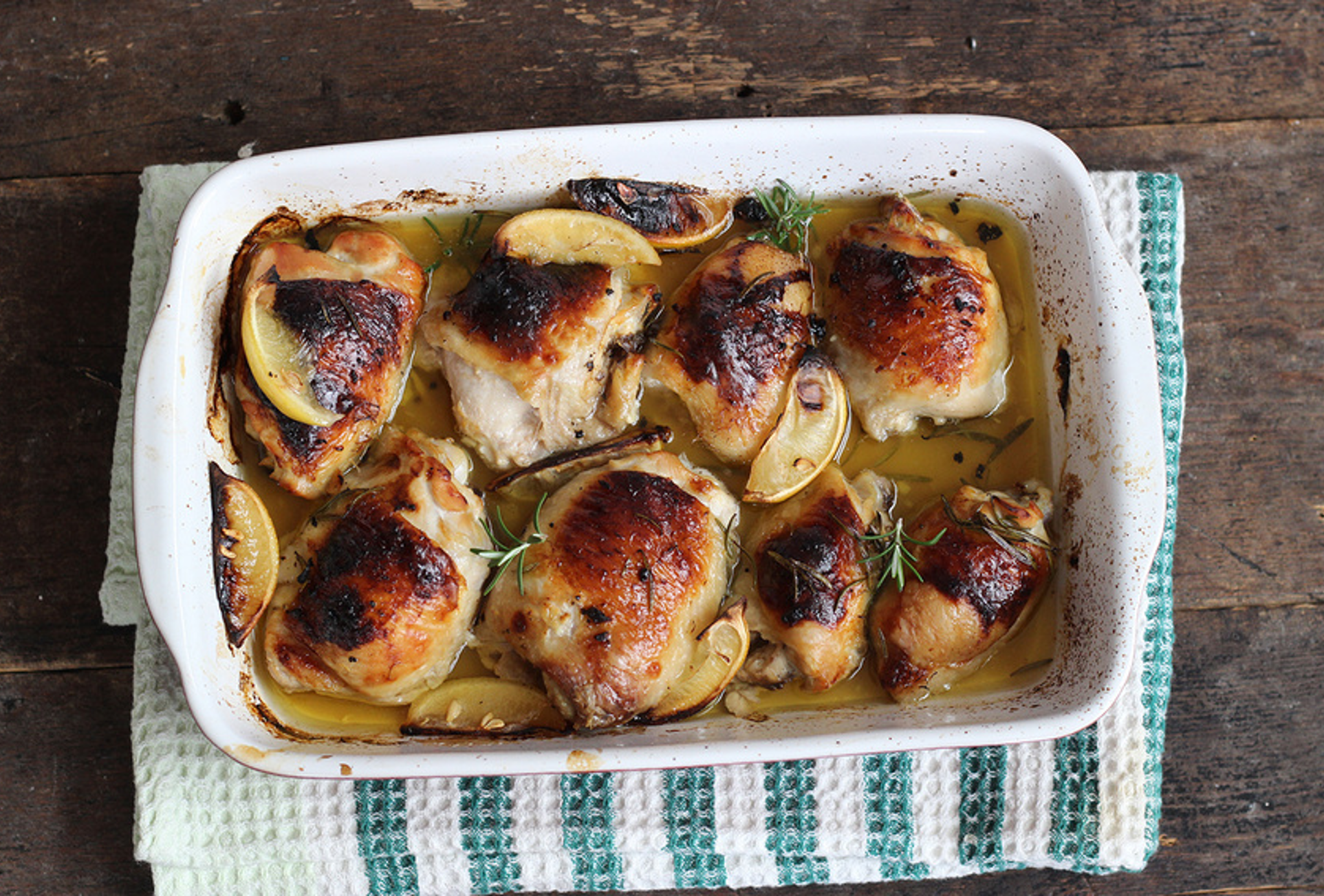 Glazed honey and lemon chicken fillets with golden edges, fresh herbs, and lemon slices on a serving plate