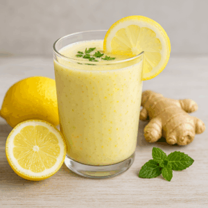 Glass of pale yellow smoothie with lemon slices, grated ginger, and mint garnish on a rustic tray